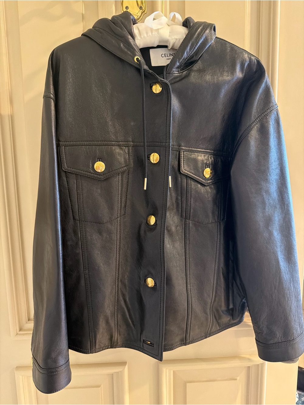 Celine Black Leather Hooded Jacket with Gold Hardware